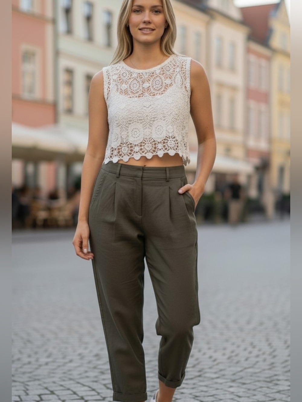Wilfred Aritzia Cropped Linen Pant Green Trouser Cuffed Hem Size 6